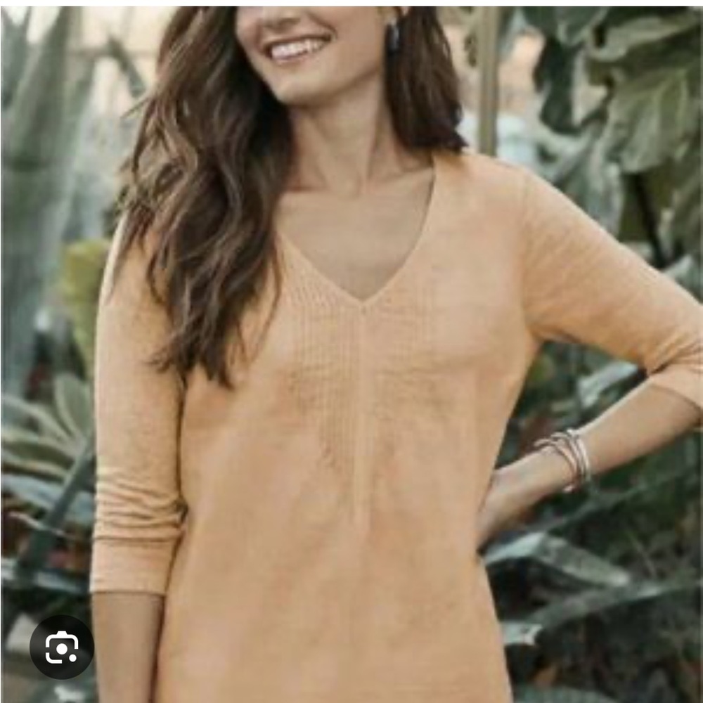 J. Jill Women's Love Linen Peach V-Neck Pin Tuck Detail Blouse- Size XL